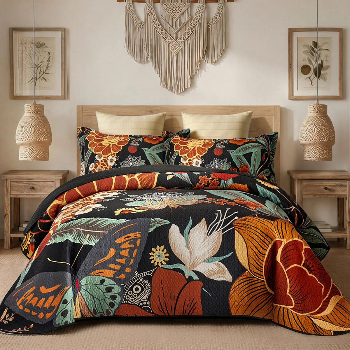 Tyrot 3-Piece Queen Size/California King Bohemian Quilt Bed Set - Wrinkle-Resistant Microfiber Comforter Set with 2 Shams, Farmhouse Botanical Reversible Lightweight Coverlet, Mid-Century Leaves, Breathable Fade-Proof All-Seasons Black Bedding, Queen Size
