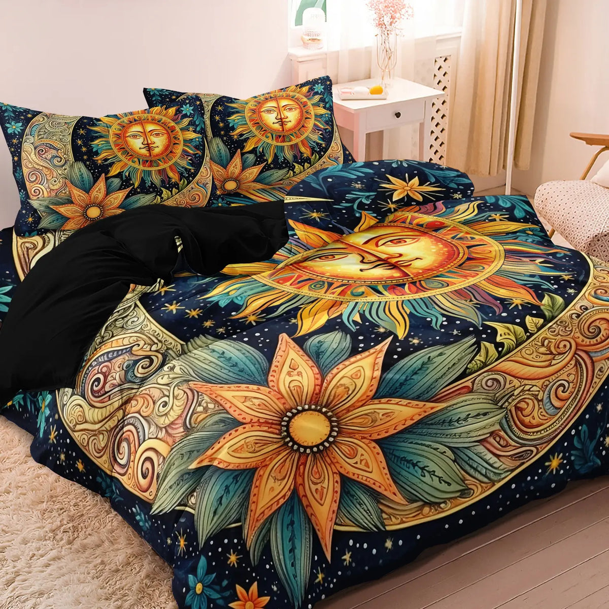 Ramadan Decoration Sun & Moon Pattern Decorative Duvet Cover Set, 3 Counts/set Including 1 Duvet Cover & 2 Pillowcases without Filler, Soft Comfortable Theme Bedding Set for Home Bedroom Comfy Bedding Sets #GLOBAL PICKS