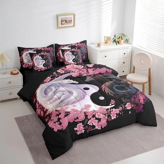 Dragon Bedding Set Yin Yang Comforter Set 7 Pieces Cherry Blossoms 3D Dragon Ancient Wildlife Couple Lover Bed in a Bag for Romantic Bed Set with Comforter,Sheet Set,Pillowcases,sohochic