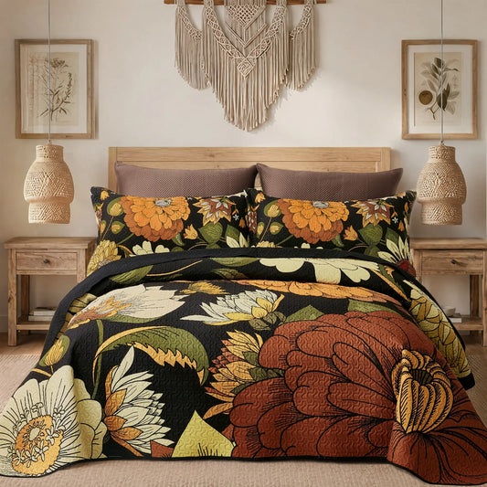 Tyrot 3-Piece Queen Size/California King Bohemian Quilt Bed Set - Wrinkle-Resistant Microfiber Comforter Set with 2 Shams, Farmhouse Botanical Reversible Lightweight Coverlet, Mid-Century Leaves, Breathable Fade-Proof All-Seasons Black Bedding, Queen Size