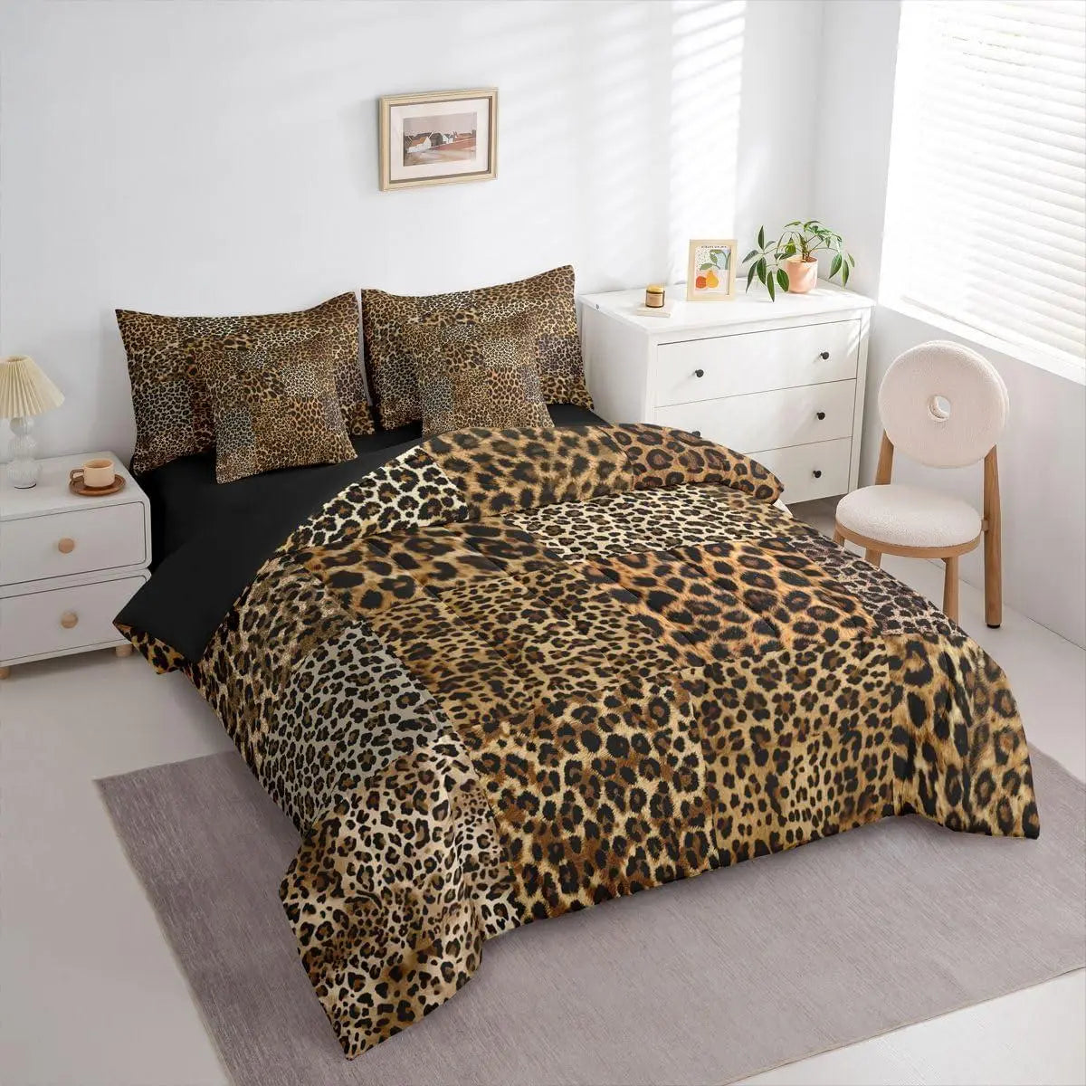 Feelyou Multi-Size Brown Leopard Print 7-Piece Bed Comforter Set with Sheets - African Cheetah Wild Safari Skin Pattern Farmhouse Patchwork Bedding Collections for Women,sohochic