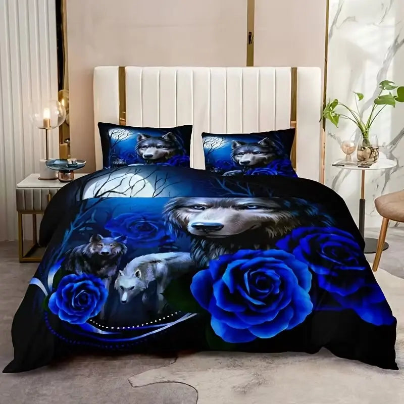 3pcs Fashion Dark Rose Floral Wolf HD Digital Print Bedroom Soft Printed Bedding Set Comfy Bed Sets, Includes Duvet Cover and Pillowcases, Polyester Fabric