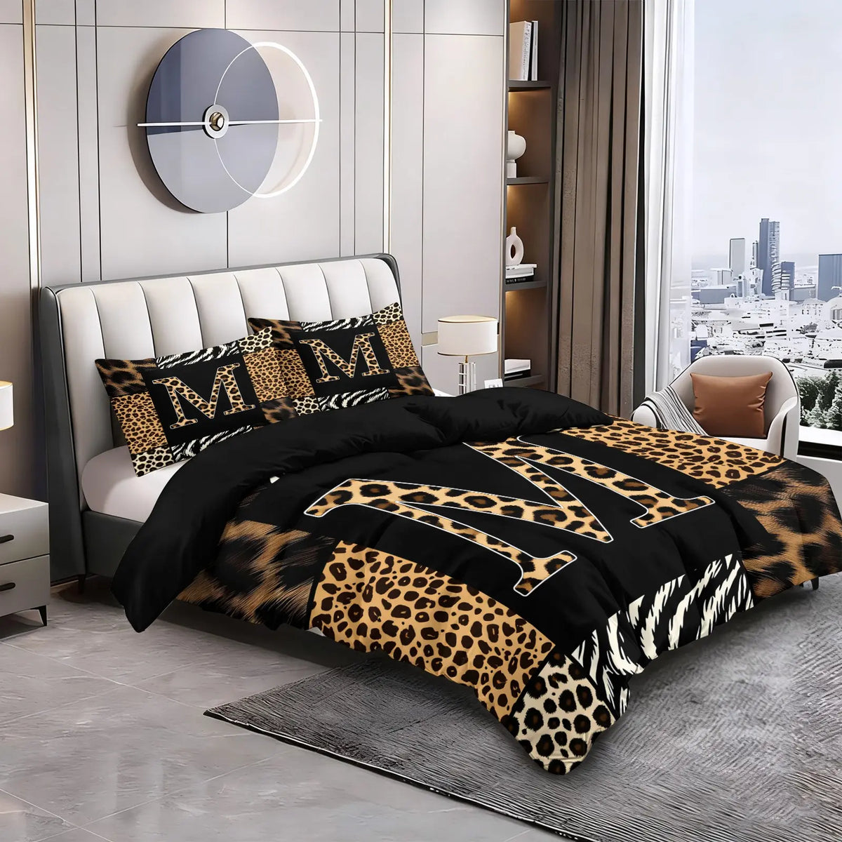 Leopard Zebra Print Letter M Decorative Duvet Cover Set (1 Duvet Cover + 1-2 Pillowcases), Soft Skin Friendly Breathable All Season Bed Linen, Animal Patchwork Letter M HD Vivid Printed Bedding Set, Edgy Modern Bedroom & Dorm Home Decor, Soft Bedding Sets