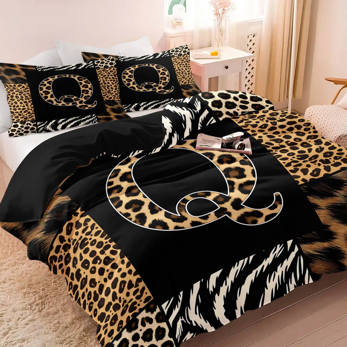 Leopard Zebra Print Letter M Decorative Duvet Cover Set (1 Duvet Cover + 1-2 Pillowcases), Soft Skin Friendly Breathable All Season Bed Linen, Animal Patchwork Letter M HD Vivid Printed Bedding Set, Edgy Modern Bedroom & Dorm Home Decor, Soft Bedding Sets