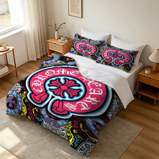 2/3Pcs Gothic Cross & Horseshoe Duvet Cover Set,  Fade-Proof Digital Printb Comforter Cover, Vintage Scroll Motifs Bedding Set, Soft Microfiber Bedding,Trendy Aesthetic Decor for Teens Adults & Streetwear Gothic Lovers